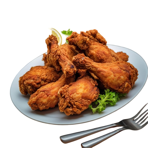 a plate of fried chicken with a fork and knife and fork