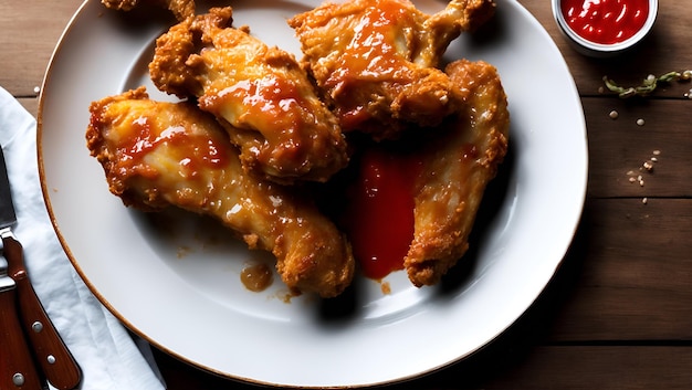 A plate of fried chicken with a red sauce on top.