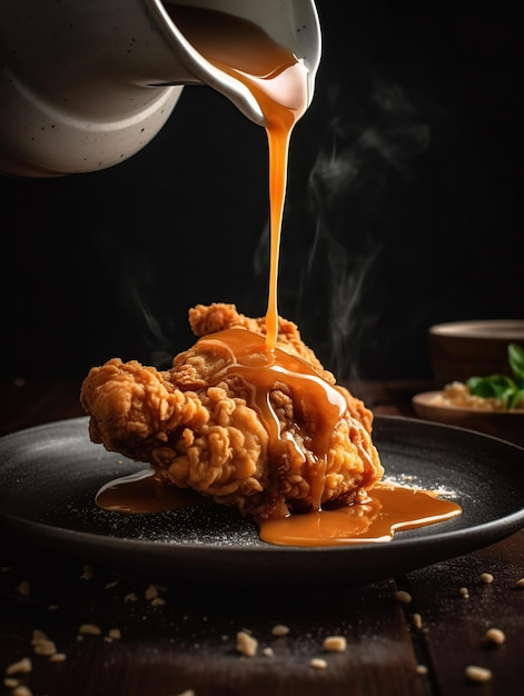 A plate of fried chicken with a sauce being poured over it.