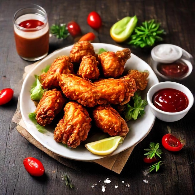 a plate of fried chicken with a side of lime wedges and a glass of juice