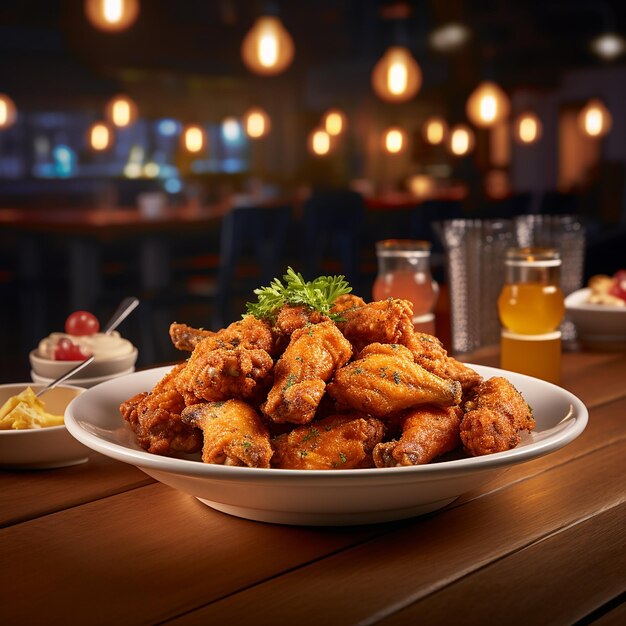 a plate of fried chicken with a side of vegetables on a table