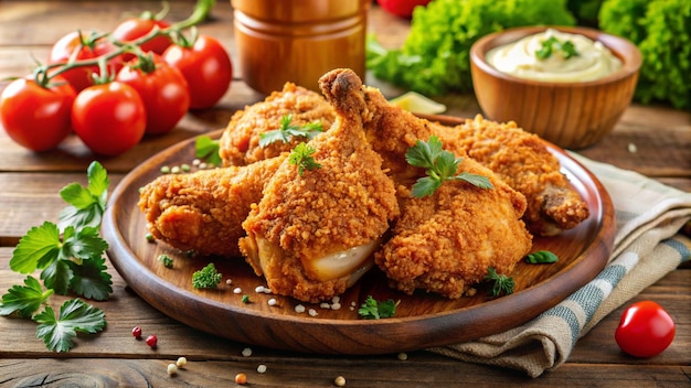 a plate of fried chicken with vegetables and a bowl of parsley