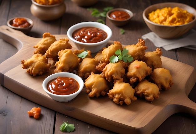 a plate of fried food with a bowl of dip and sauce