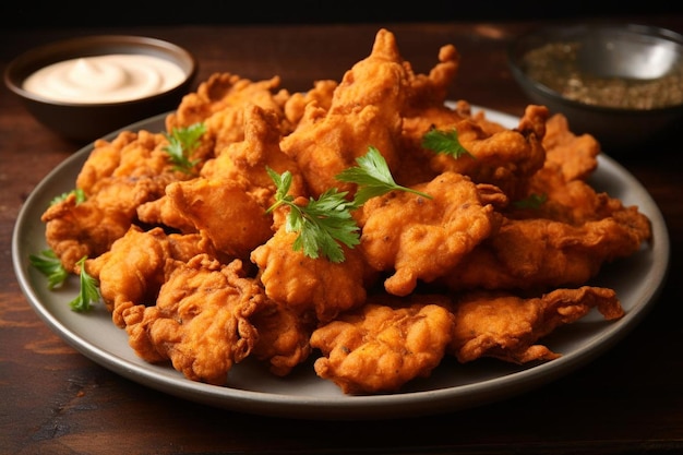 a plate of fried food with a bowl of parsley on it