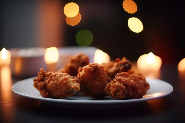 Photo a plate of fried food with a candle in the background