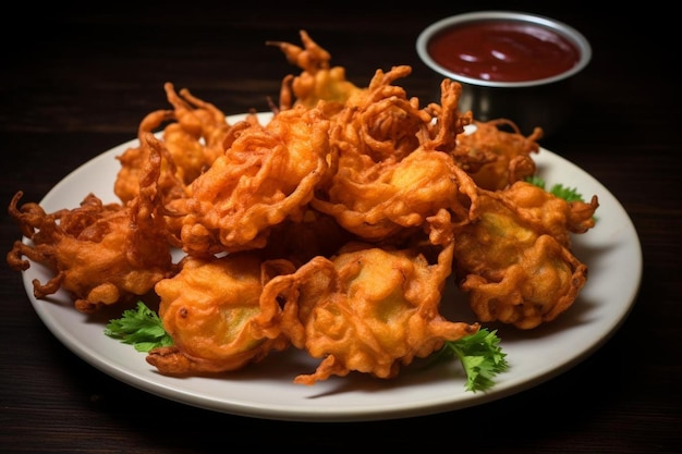 a plate of fried food with ketchup and ketchup