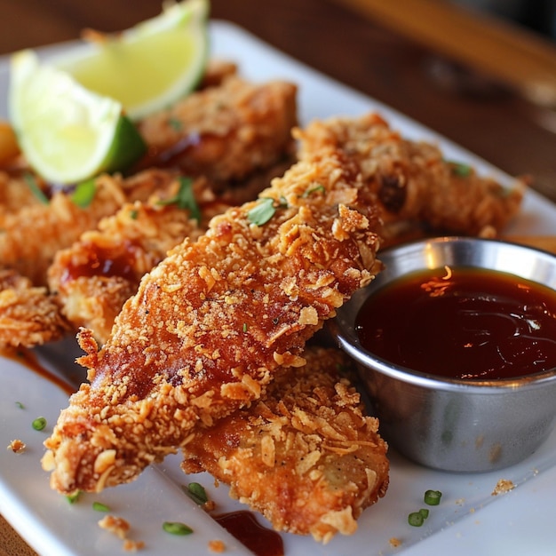 a plate of fried food with a side of lime wedges on it