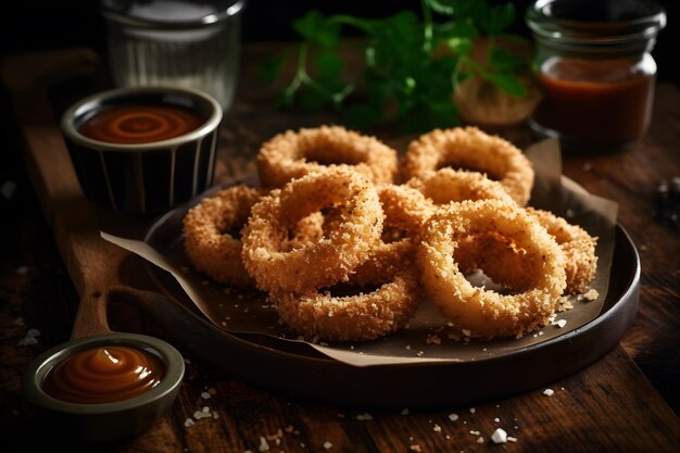 A plate of fried onion rings with sauces on the side.