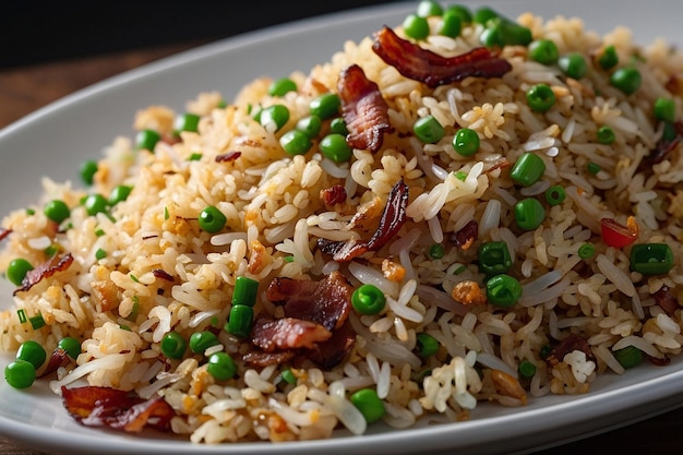 A plate of fried rice with crispy bacon bits and chives