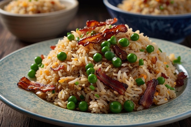 A plate of fried rice with crispy bacon bits and chives