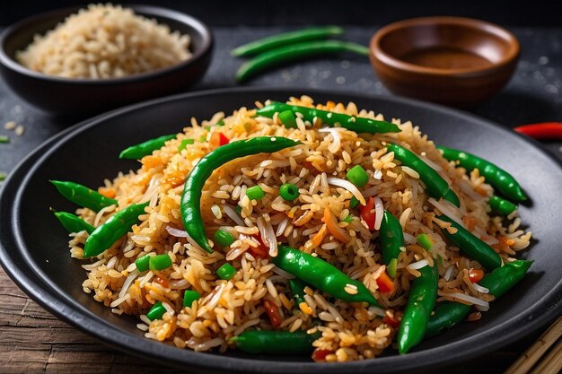 A plate of fried rice with green beans and toasted sesame