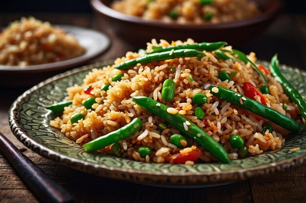 A plate of fried rice with green beans and toasted sesame