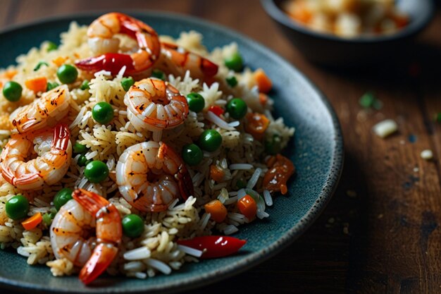 A plate of fried rice with shrimp garlic and chili