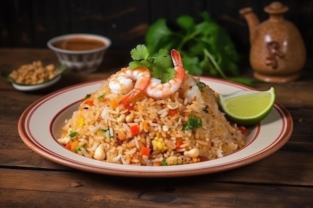 A plate of fried rice with shrimps and limes on a wooden table.