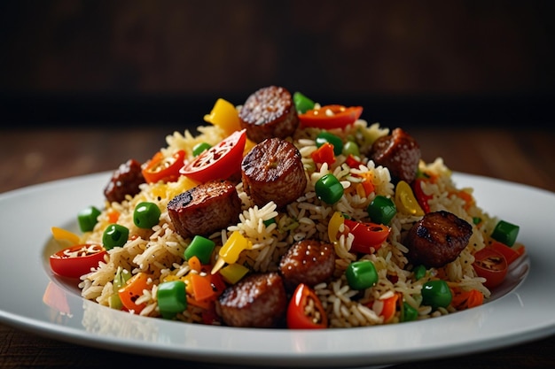 A plate of fried rice with spicy sausage and bell peppers