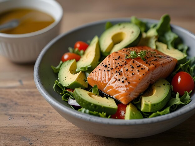 Plate of fried salmon with soy sauce