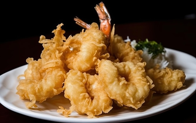 A plate of fried shrimp with a side of rice.