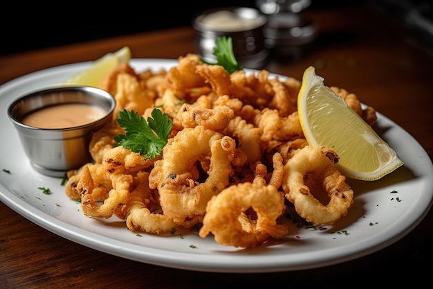 A plate of fried squid with a side of dipping sauce