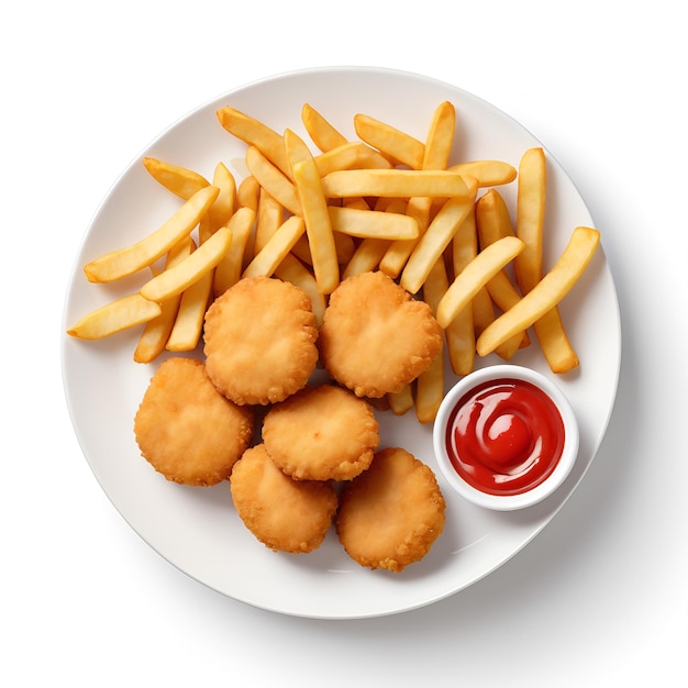 a plate of fries and chicken nuggets with ketchup