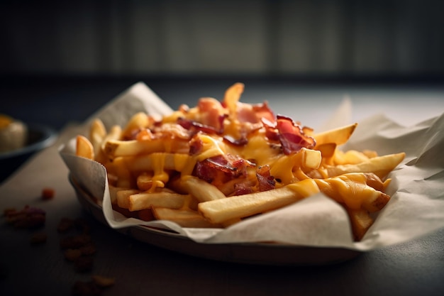 A plate of fries with bacon and cheese on it