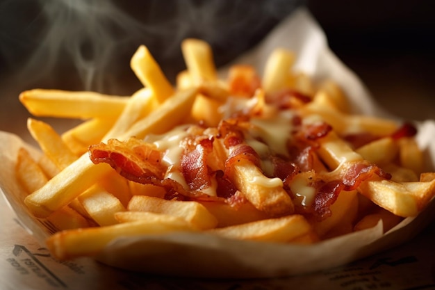 A plate of fries with bacon and cheese on top