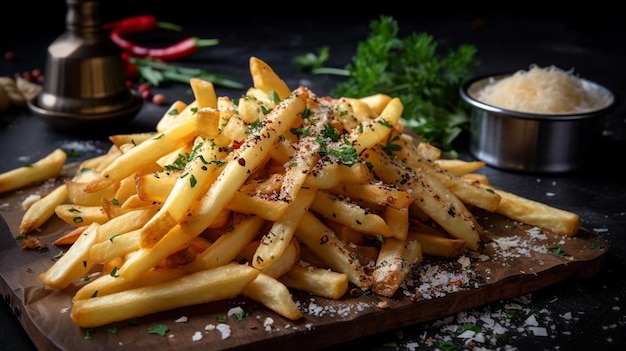 A plate of fries with a bowl of sauce and a bowl of chili on the side.