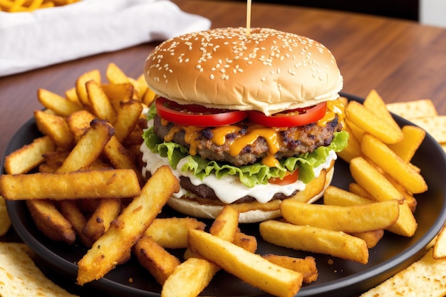 A plate of fries with a burger and a bun with cheese on it