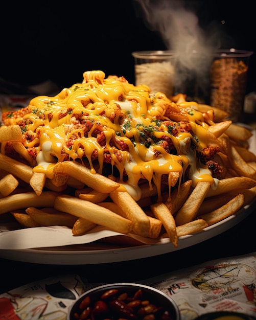 a plate of fries with cheese and cheese on it