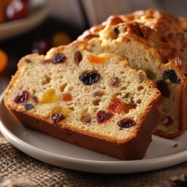 A plate of fruit cake with a slice of bread on it