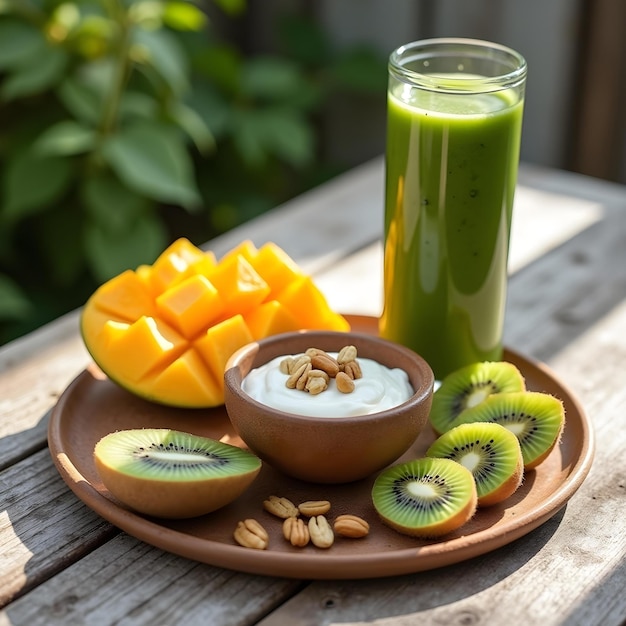 a plate of fruit and a cup of juice next to some kiwi fruit