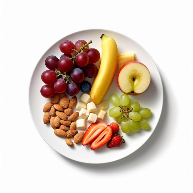 A plate of fruit including a banana, nuts, and almonds.