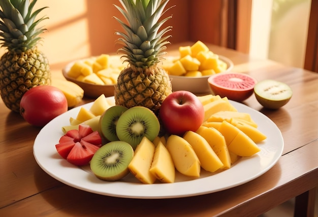 a plate of fruit including pineapple kiwi and kiwi