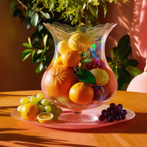 a plate of fruit is on a table with a vase of fruit