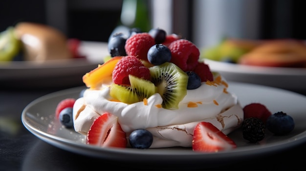 A plate of fruit and meringue with a slice of fruit on it