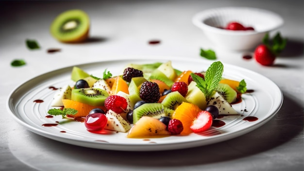 A plate of fruit salad with a bowl of raspberry sauce