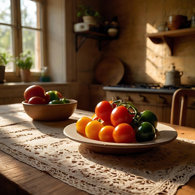 a plate of fruit sits on a table with a bowl of tomatoes