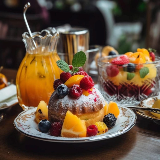 Photo a plate of fruit on a table with a glass of juice and a cup of tea