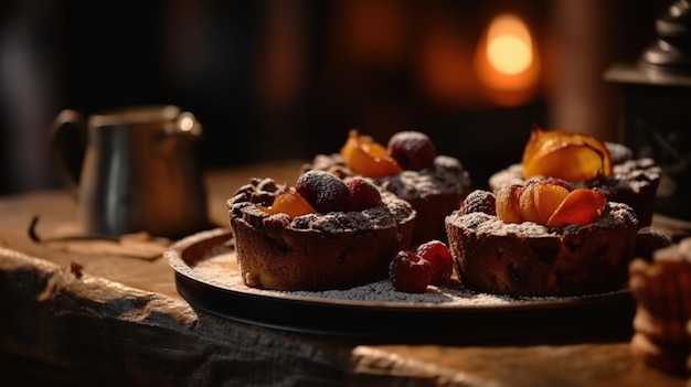 A plate of fruit tarts with a fireplace in the background