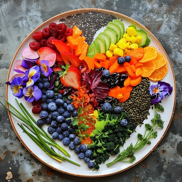 A plate of fruit and vegetables with a plate of fruit and flowers