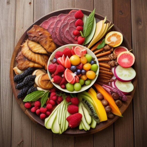 Photo a plate of fruit with a bowl of fruit on it with a plate of fruit on it