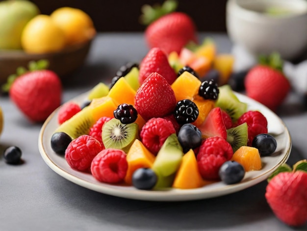 A plate of fruit with a fruit salad on it