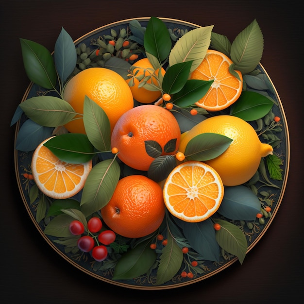 A plate of fruit with leaves and oranges on it