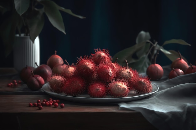 A plate of fruit with red berries on it