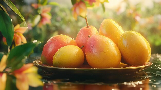 Photo a plate of fruit with the sun shining on it