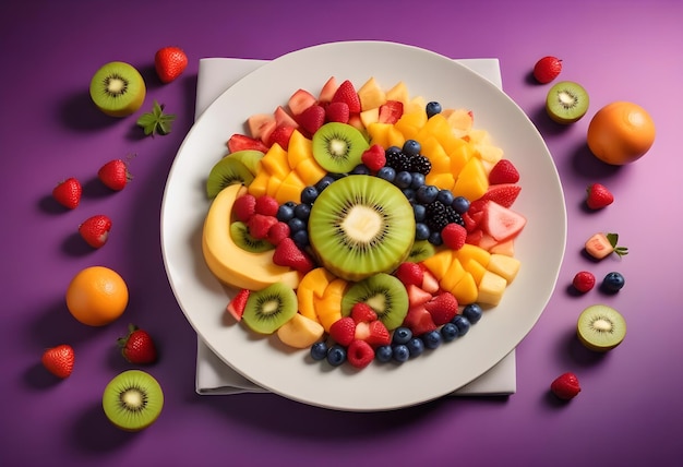 a plate of fruit with a white plate of different colors and the word fruit