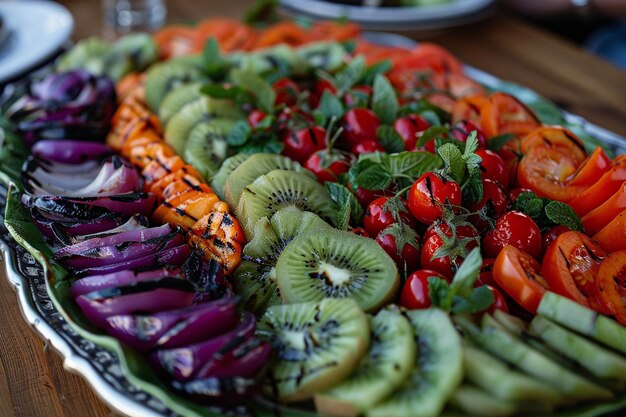 Photo a plate of fruits and vegetables with a plate of kiwi on it