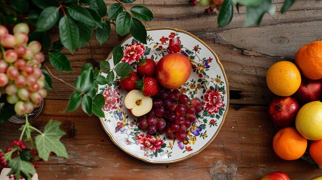 Plate of fruits on a wooden table flatlay photo