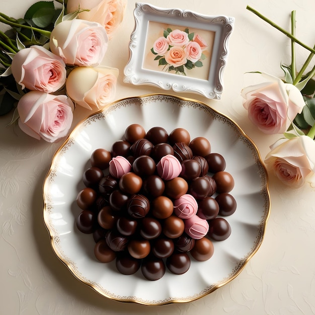 A plate full of chocolate and strawberry flavored chocolate beans