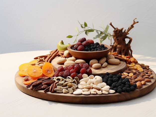 plate full of dried fruits and nuts on a white background generated ai