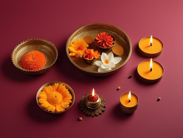 Photo a plate full of indian sweet an illuminated oil lamps and a gift box a biggest festival diwali